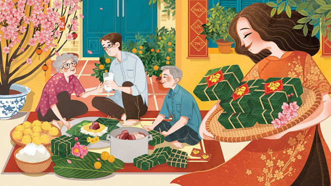 Đoạn văn mẫu - On the day of Tết, families gather to exchange wishes, eat traditional foods, and honor their ancestors. Read and enhance your English skills through charming sample paragraphs about this significant holiday in Vietnam.