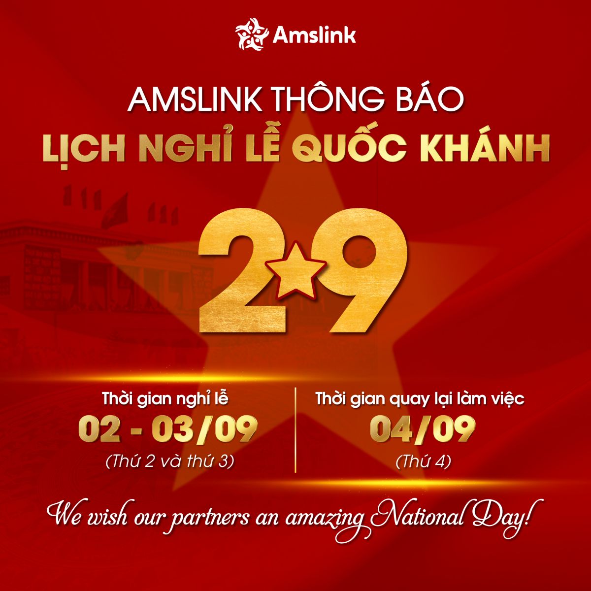 Amslink thông báo lịch nghỉ lễ Quốc khánh 2/9