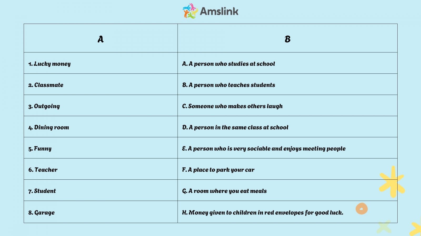 Bài tập nối từ trong tiếng Anh lớp 6 tăng khả năng nhận diện và củng cố vốn từ