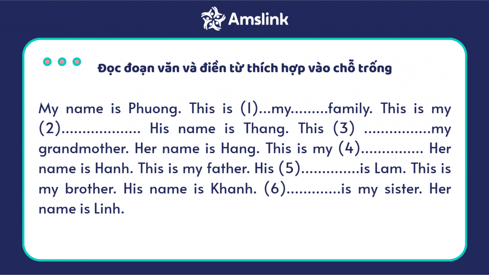 Bài tập điền từ để hoàn thành đoạn văn trong tiếng Anh lớp 3