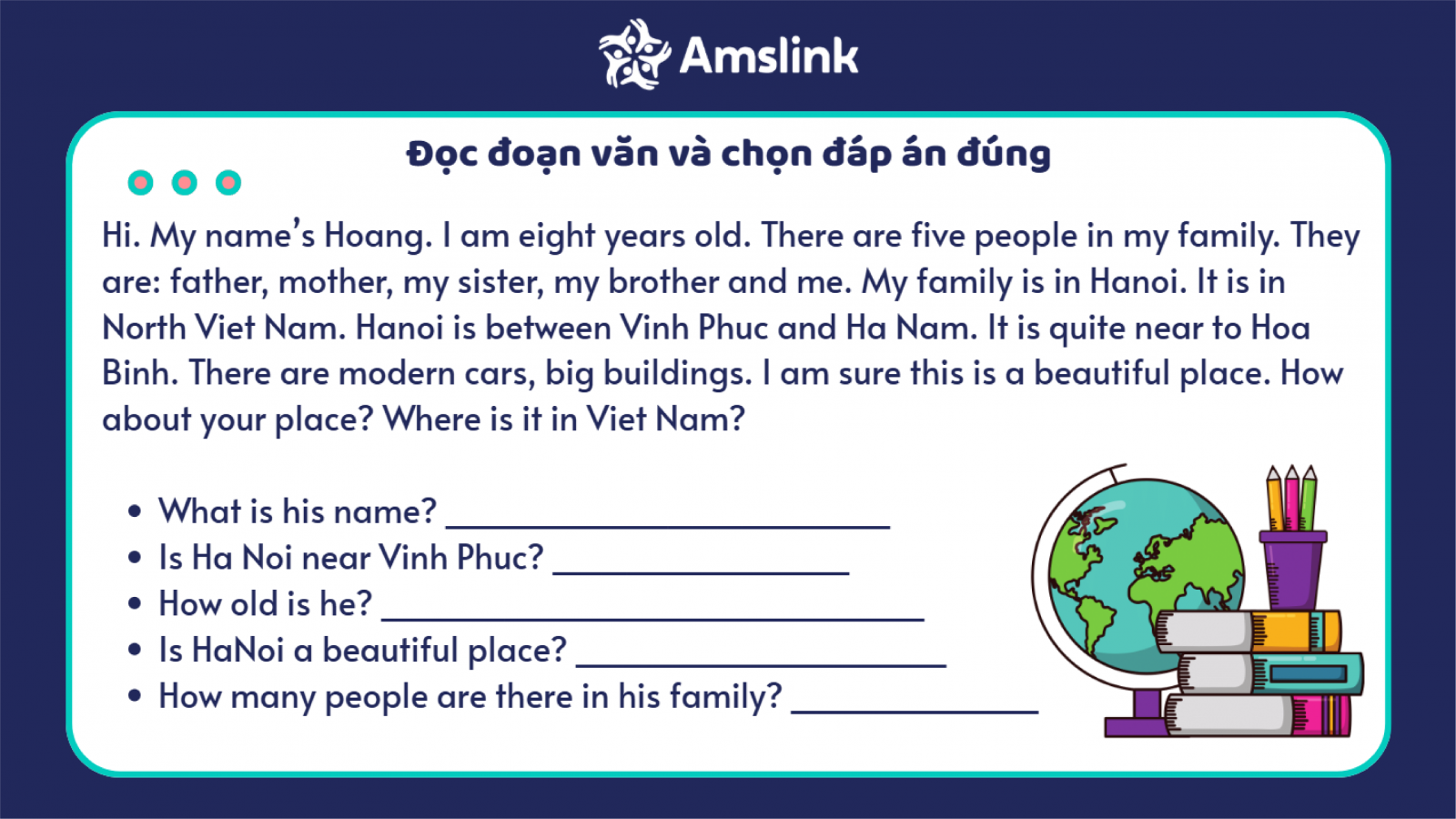 Đây là dạng bài đọc hiểu tiếng Anh lớp 3 thường xuất hiện trong bài thi